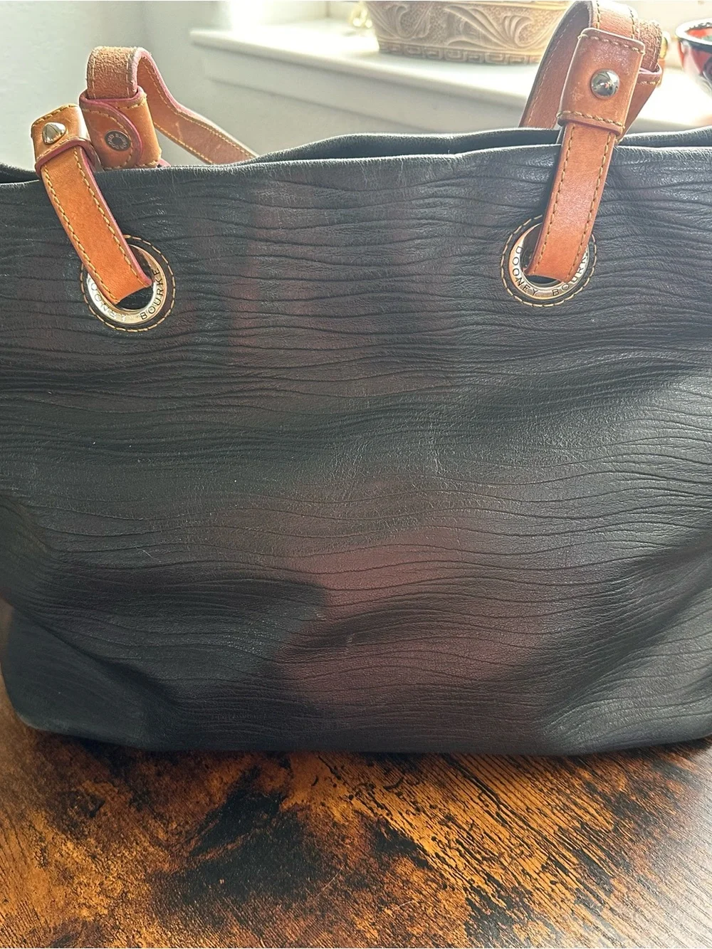 Dooney & Bourke Black Tote with Brown Leather Handles